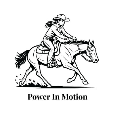 Female reining rider and horse graphic with text Power In Motion graphic