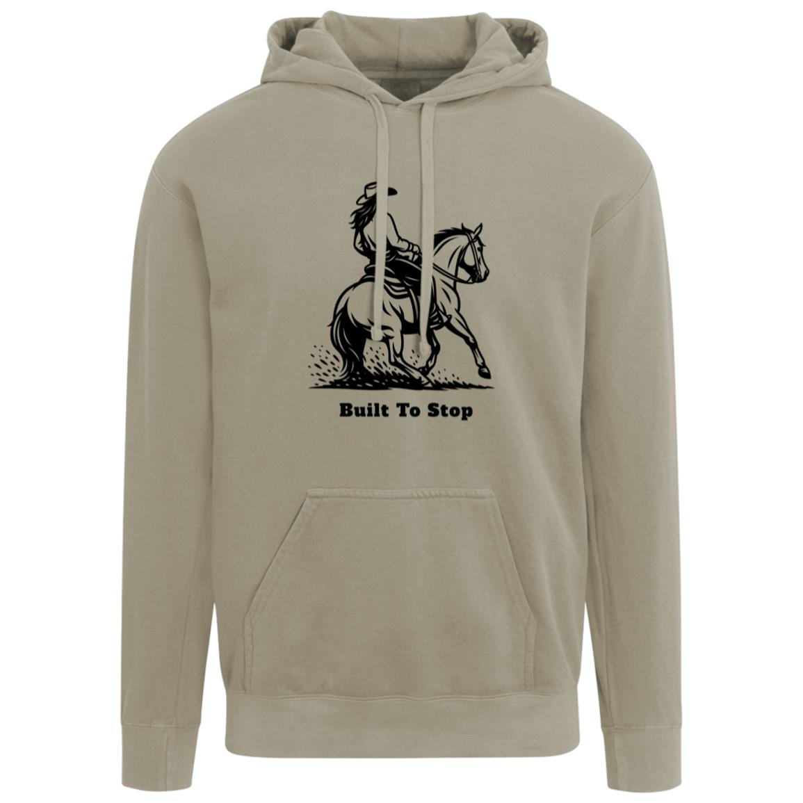 Unisex hoodie with reining horse graphic and “Built To Stop”