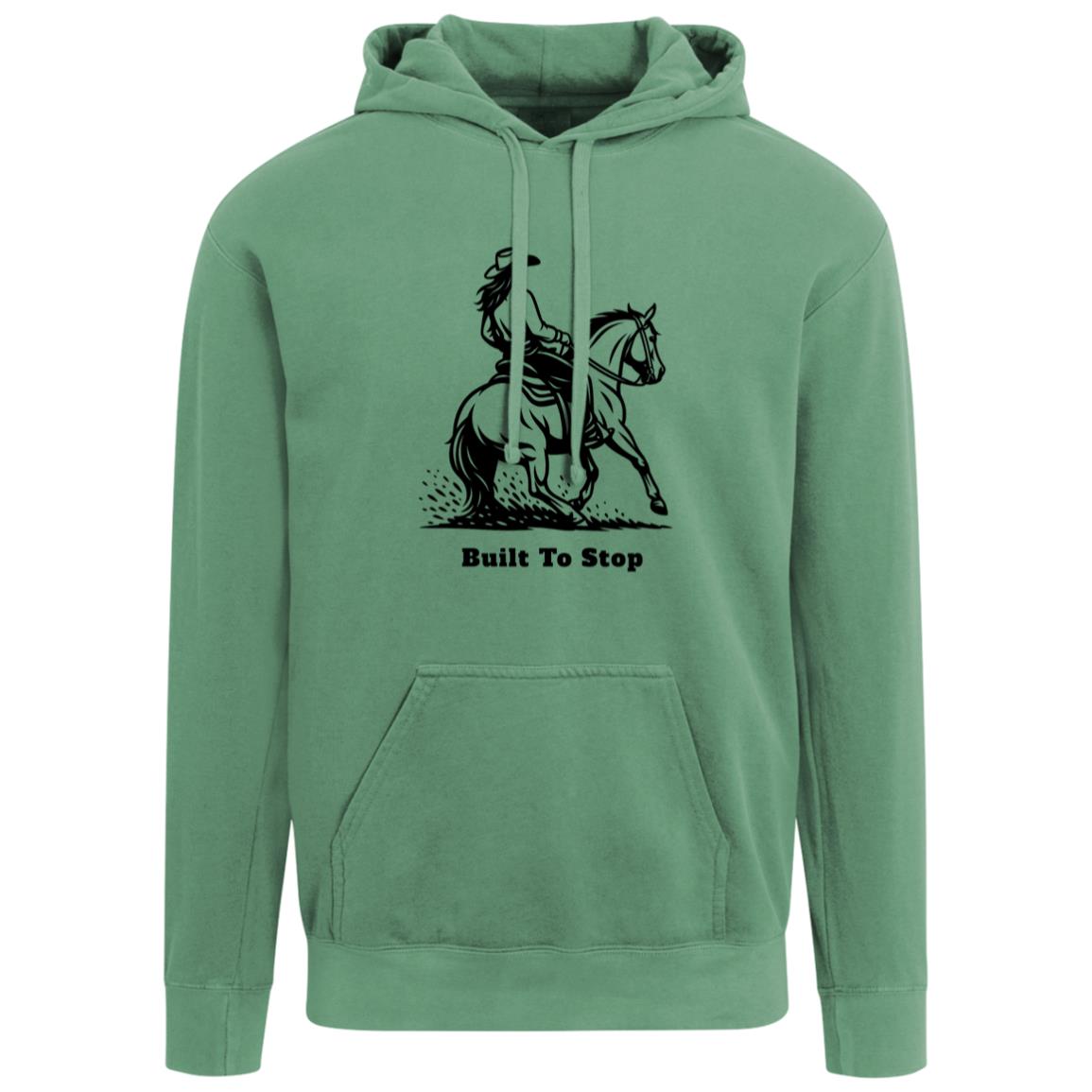 Unisex hoodie with reining horse graphic and “Built To Stop”
