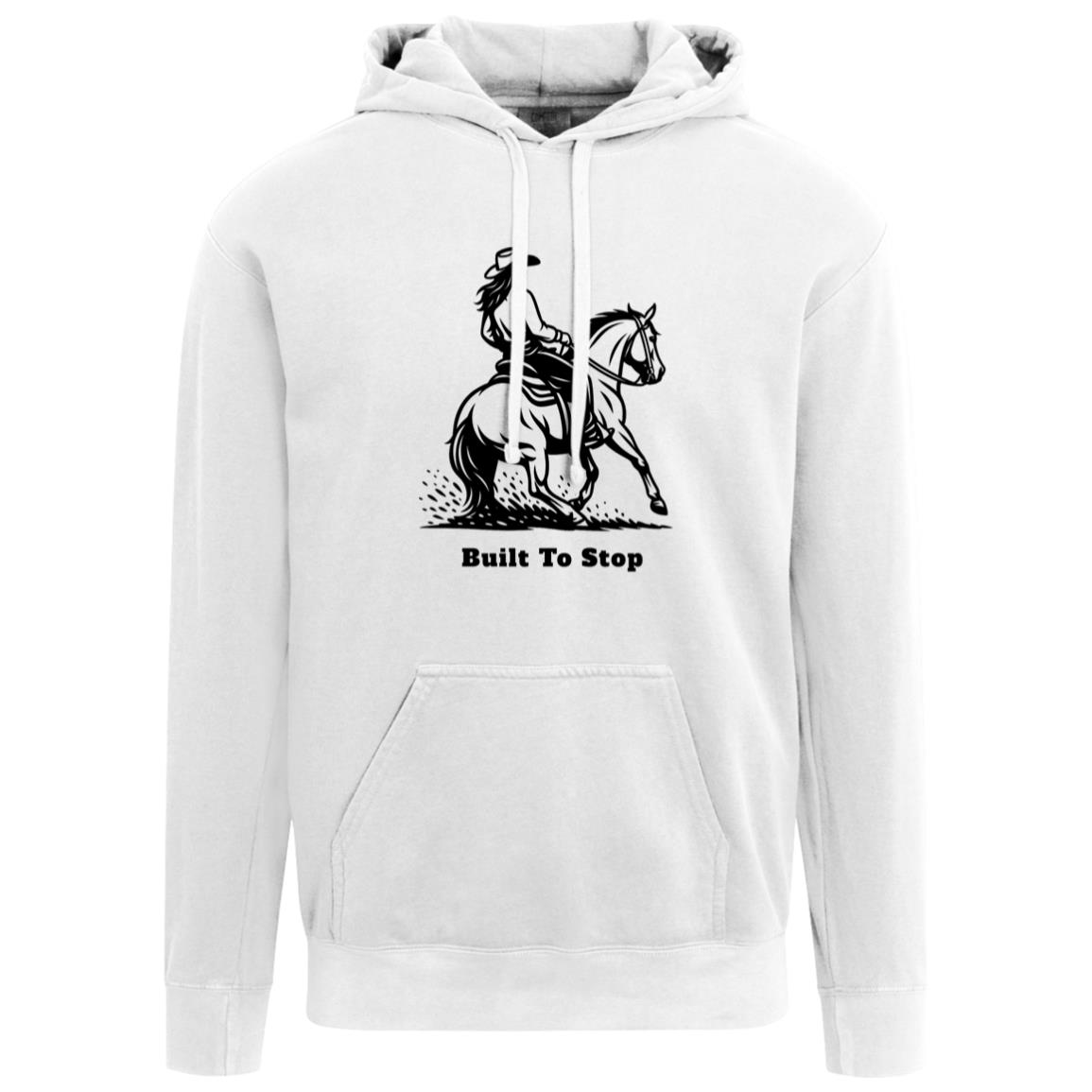 Unisex hoodie with reining horse graphic and “Built To Stop”