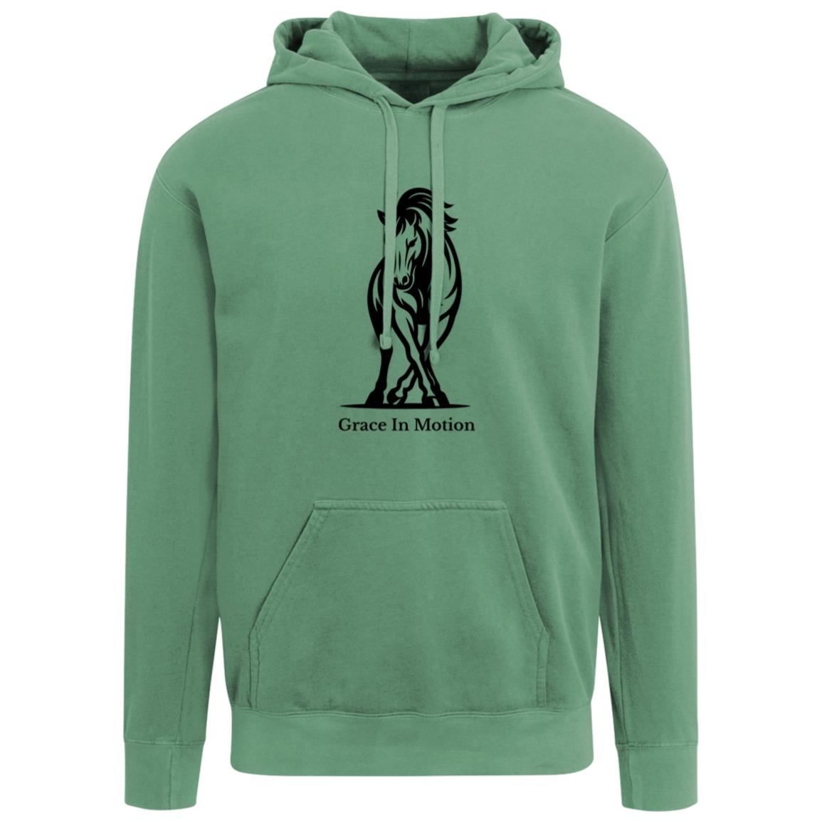 Unisex apparel with line art of a reining horse and rider and the words “Grace In Motion.”