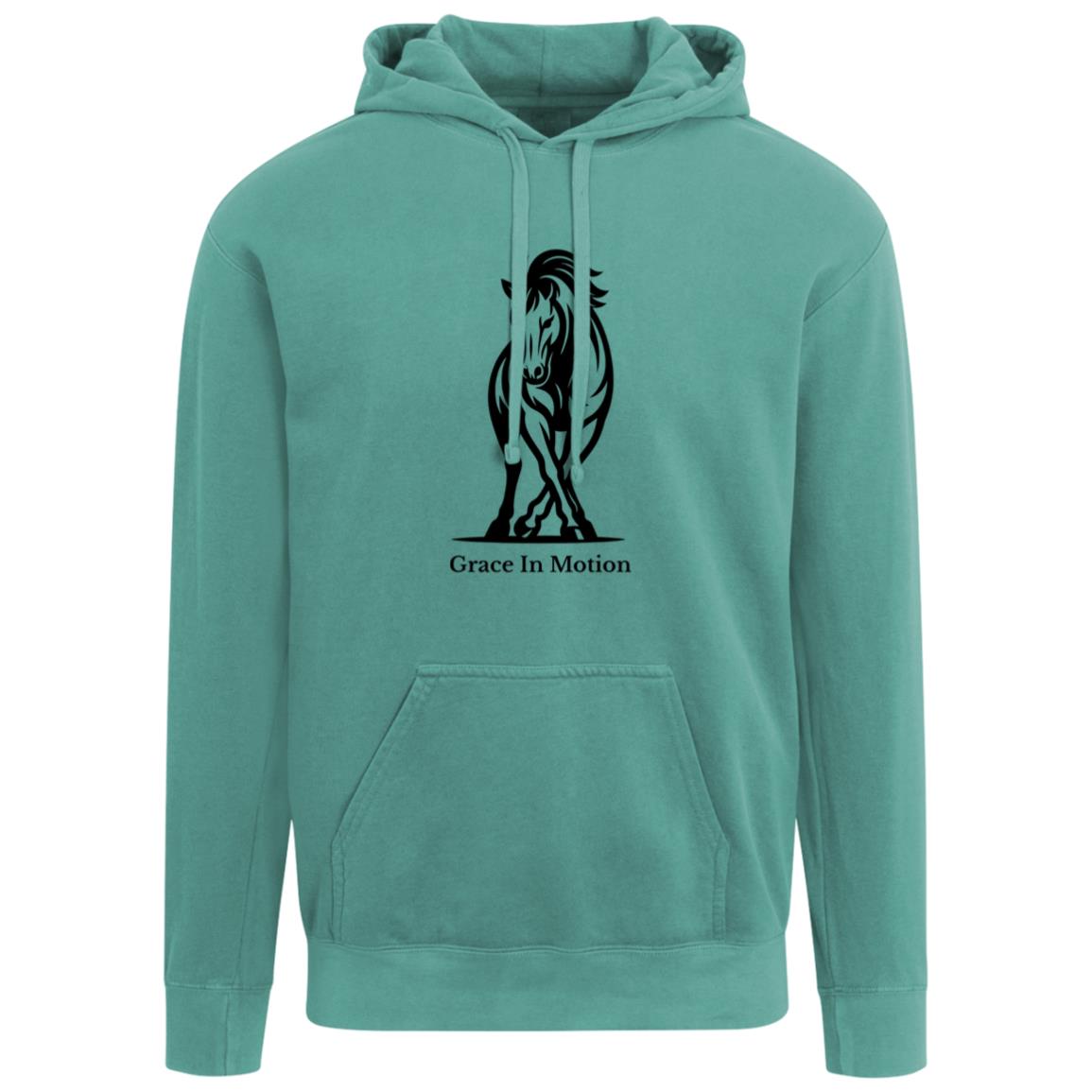 Unisex apparel with line art of a reining horse and rider and the words “Grace In Motion.”