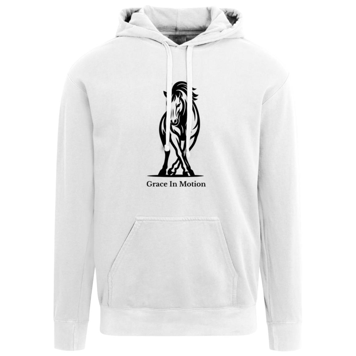 Unisex apparel with line art of a reining horse and rider and the words “Grace In Motion.”
