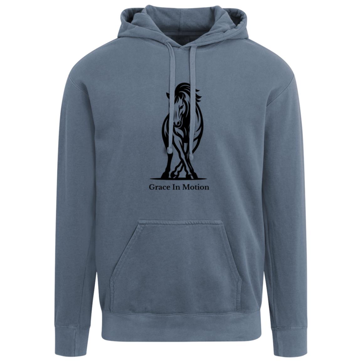 Unisex apparel with line art of a reining horse and rider and the words “Grace In Motion.”