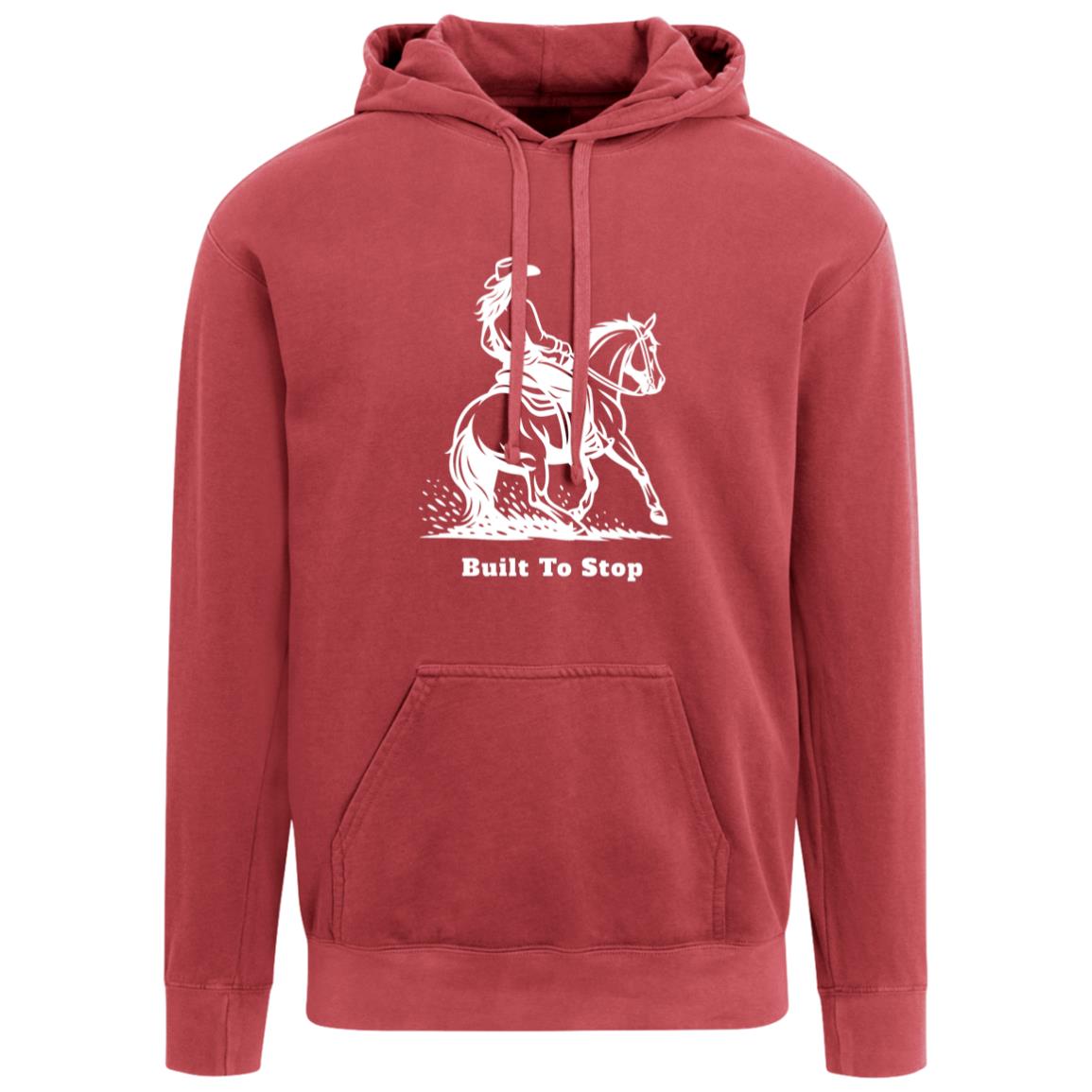 Unisex hoodie with reining horse graphic and “Built To Stop”