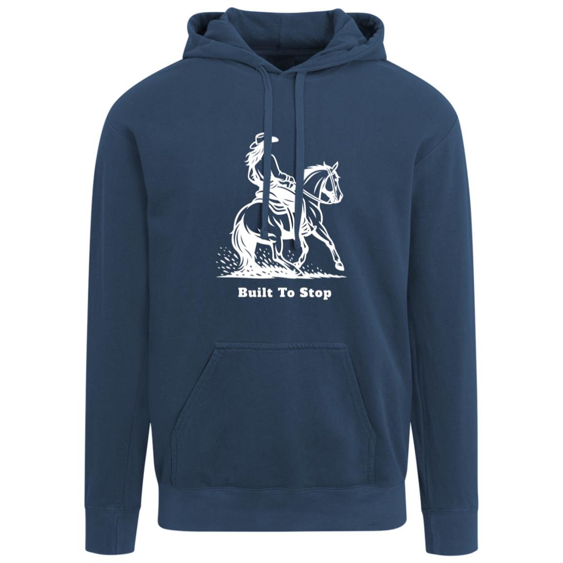 Unisex hoodie with reining horse graphic and “Built To Stop”