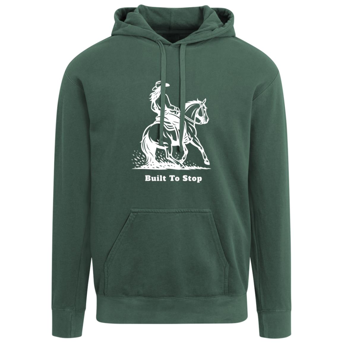 Unisex hoodie with reining horse graphic and “Built To Stop”