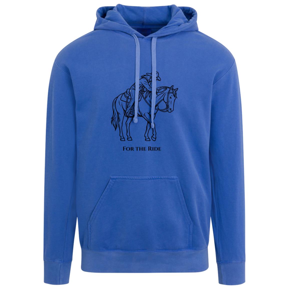 Unisex hoodie with line art of a reining horse and rider and the words “For the Ride.”