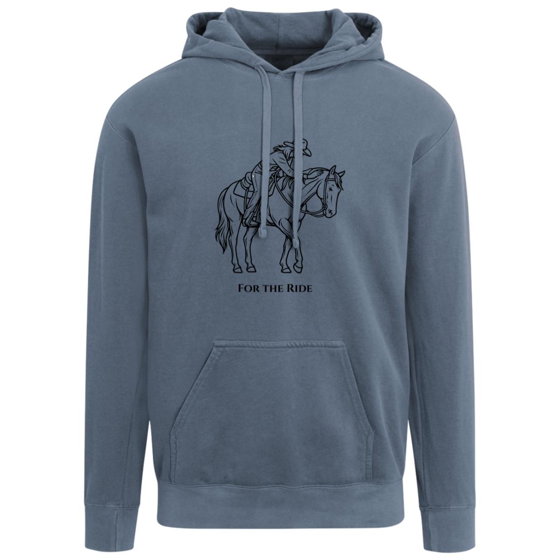 Unisex hoodie with line art of a reining horse and rider and the words “For the Ride.”