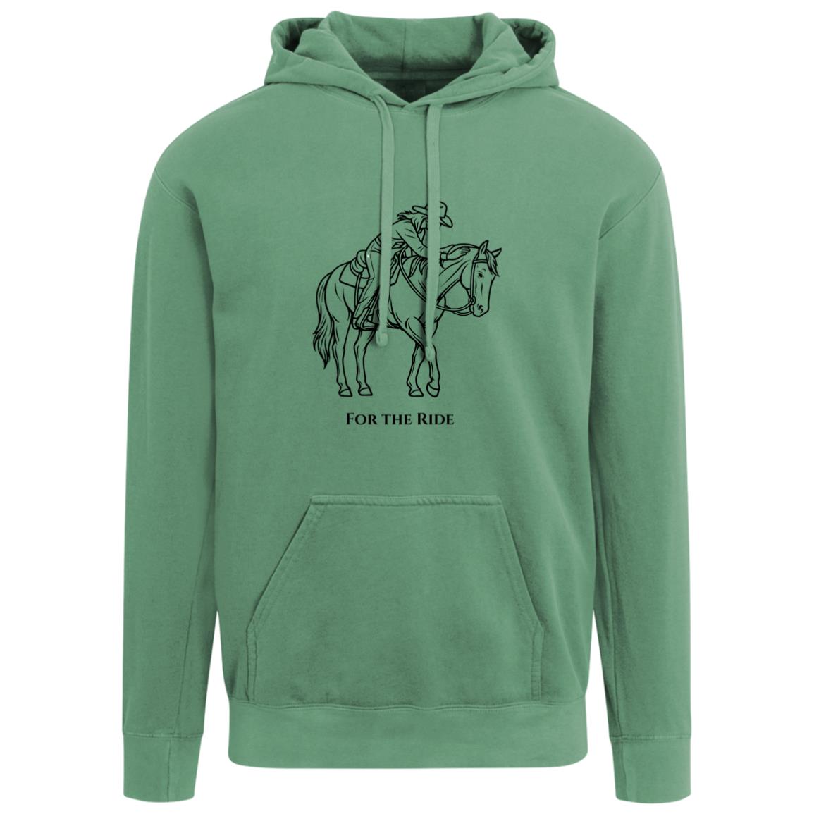 Unisex hoodie with line art of a reining horse and rider and the words “For the Ride.”