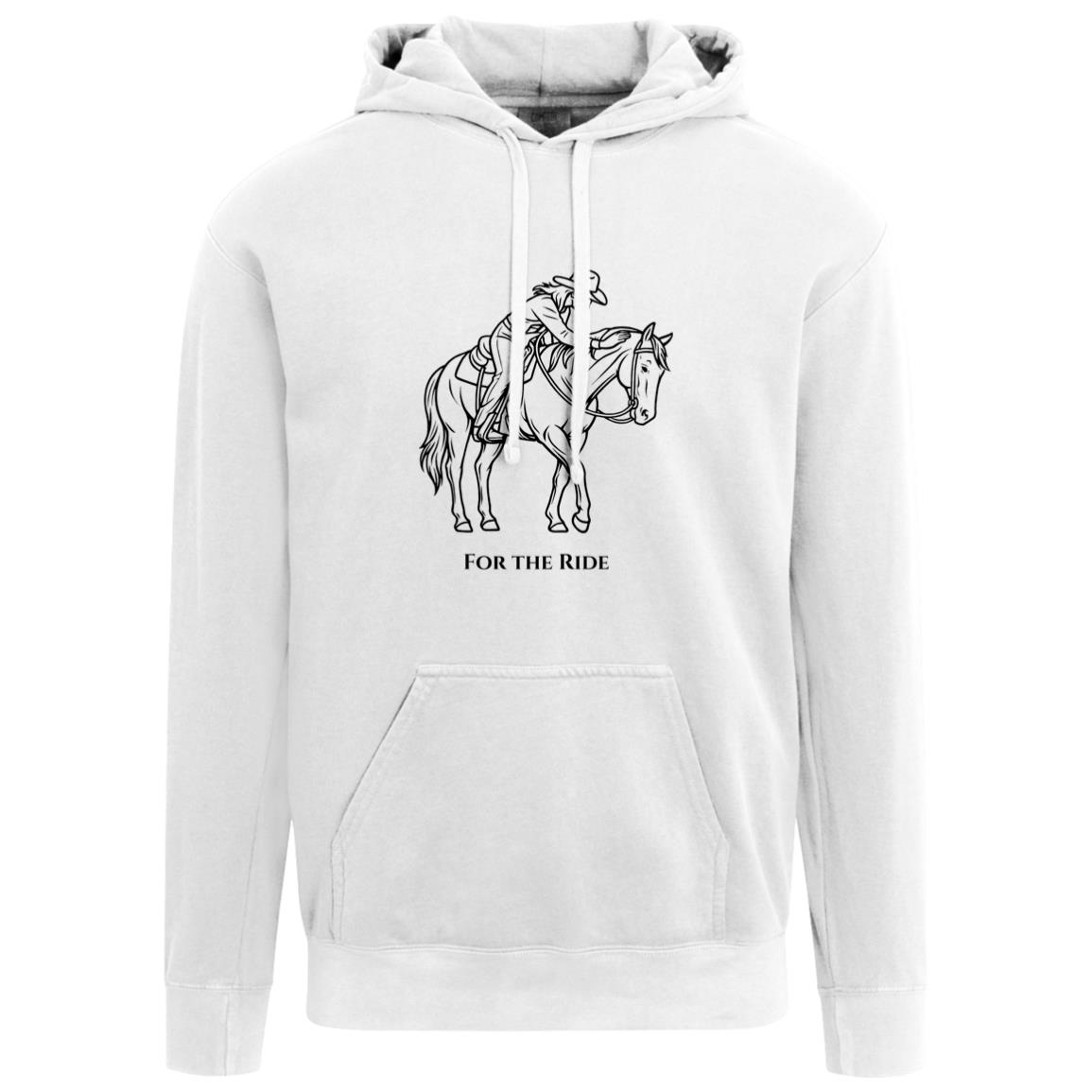 Unisex hoodie with line art of a reining horse and rider and the words “For the Ride.”