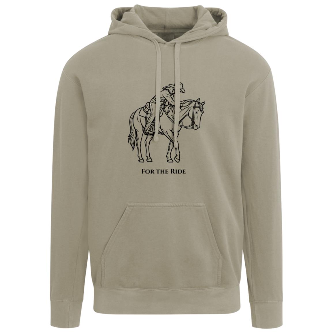 Unisex hoodie with line art of a reining horse and rider and the words “For the Ride.”