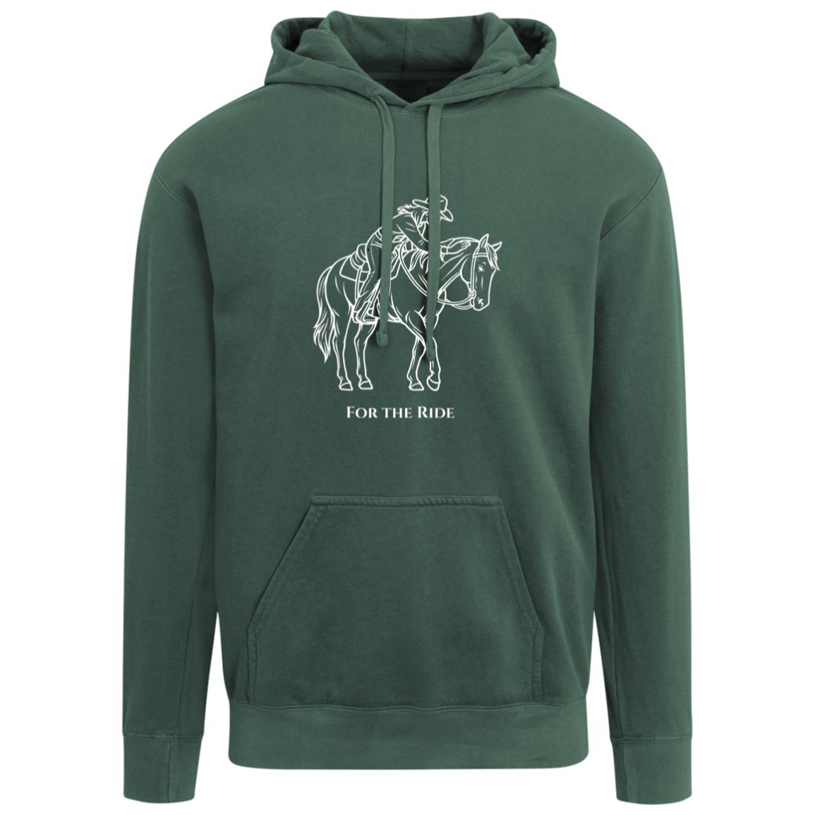 Unisex hoodie with line art of a reining horse and rider and the words “For the Ride.”