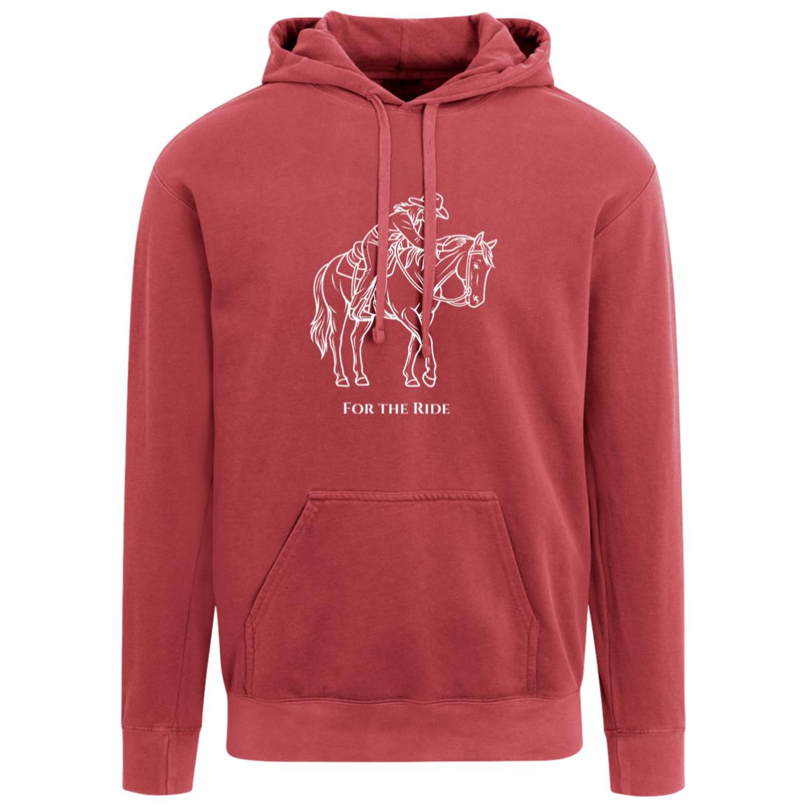 Unisex hoodie with line art of a reining horse and rider and the words “For the Ride.”