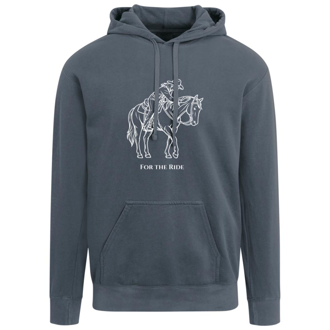 Unisex hoodie with line art of a reining horse and rider and the words “For the Ride.”
