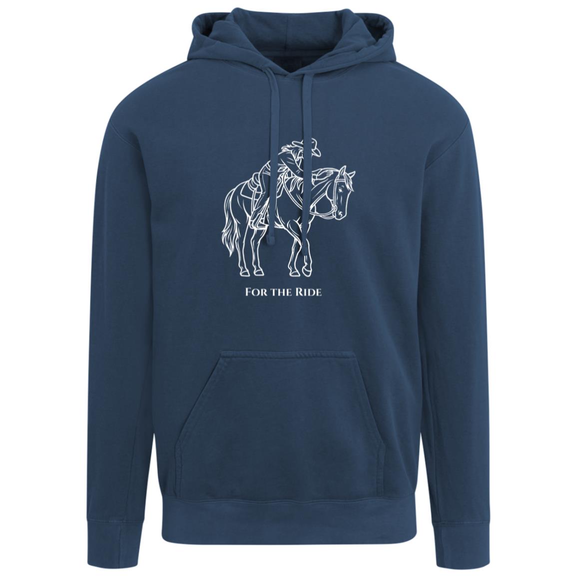 Unisex hoodie with line art of a reining horse and rider and the words “For the Ride.”