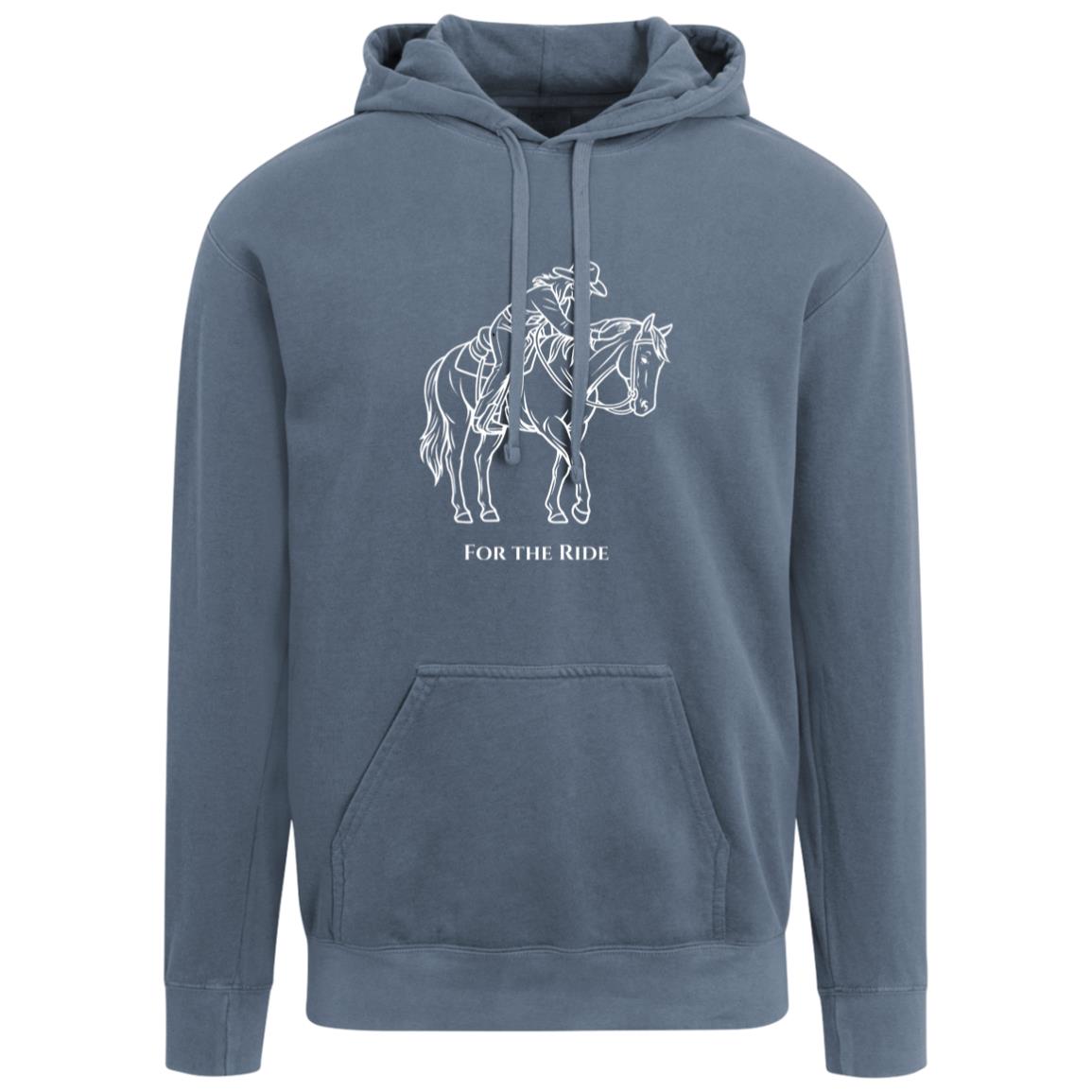 Unisex hoodie with line art of a reining horse and rider and the words “For the Ride.”