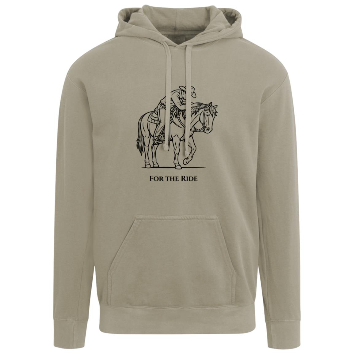 Unisex hoodie featuring a black line art design of a reining horse and rider with the words “For The Ride.” Equestrian hoodie by HorseTail Legacy.