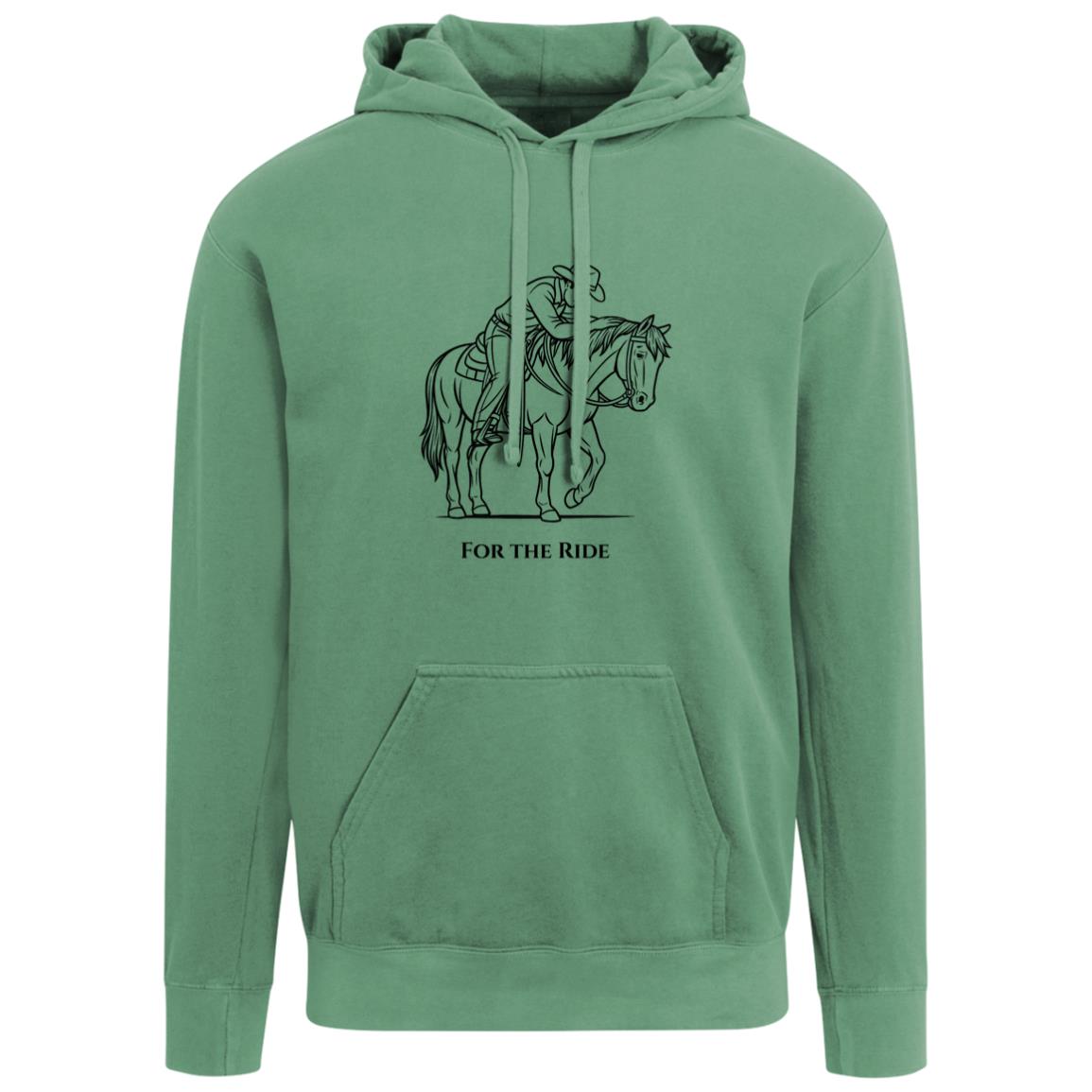 Unisex hoodie featuring a black line art design of a reining horse and rider with the words “For The Ride.” Equestrian hoodie by HorseTail Legacy.