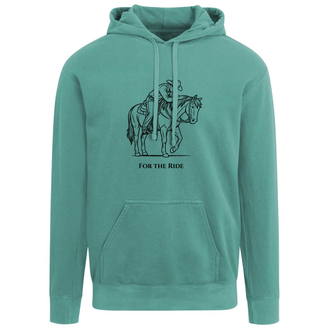 Unisex hoodie featuring a black line art design of a reining horse and rider with the words “For The Ride.” Equestrian hoodie by HorseTail Legacy.