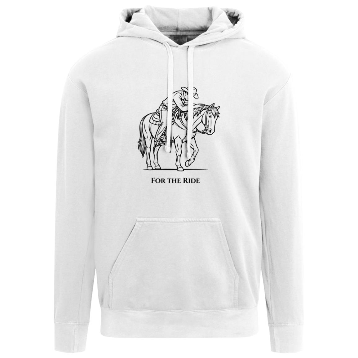 Unisex hoodie featuring a black line art design of a reining horse and rider with the words “For The Ride.” Equestrian hoodie by HorseTail Legacy.