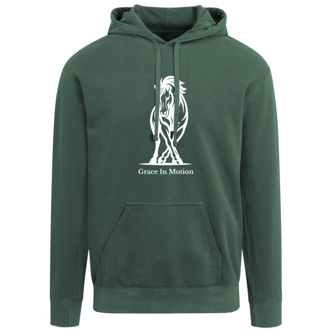 Unisex apparel with line art of a reining horse and rider and the words “Grace In Motion.”