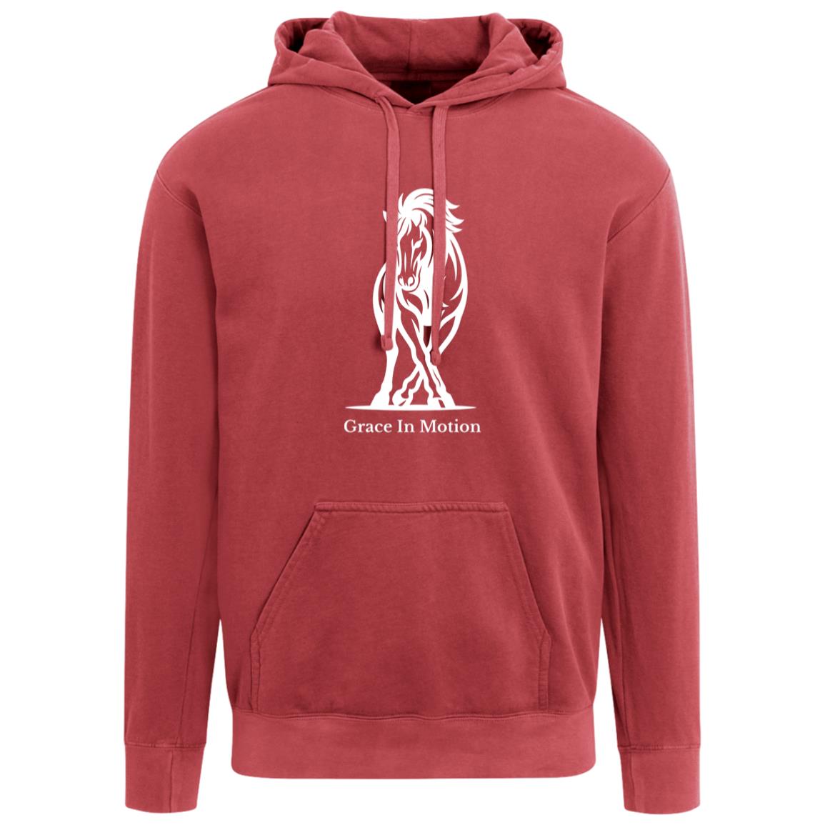 Unisex apparel with line art of a reining horse and rider and the words “Grace In Motion.”