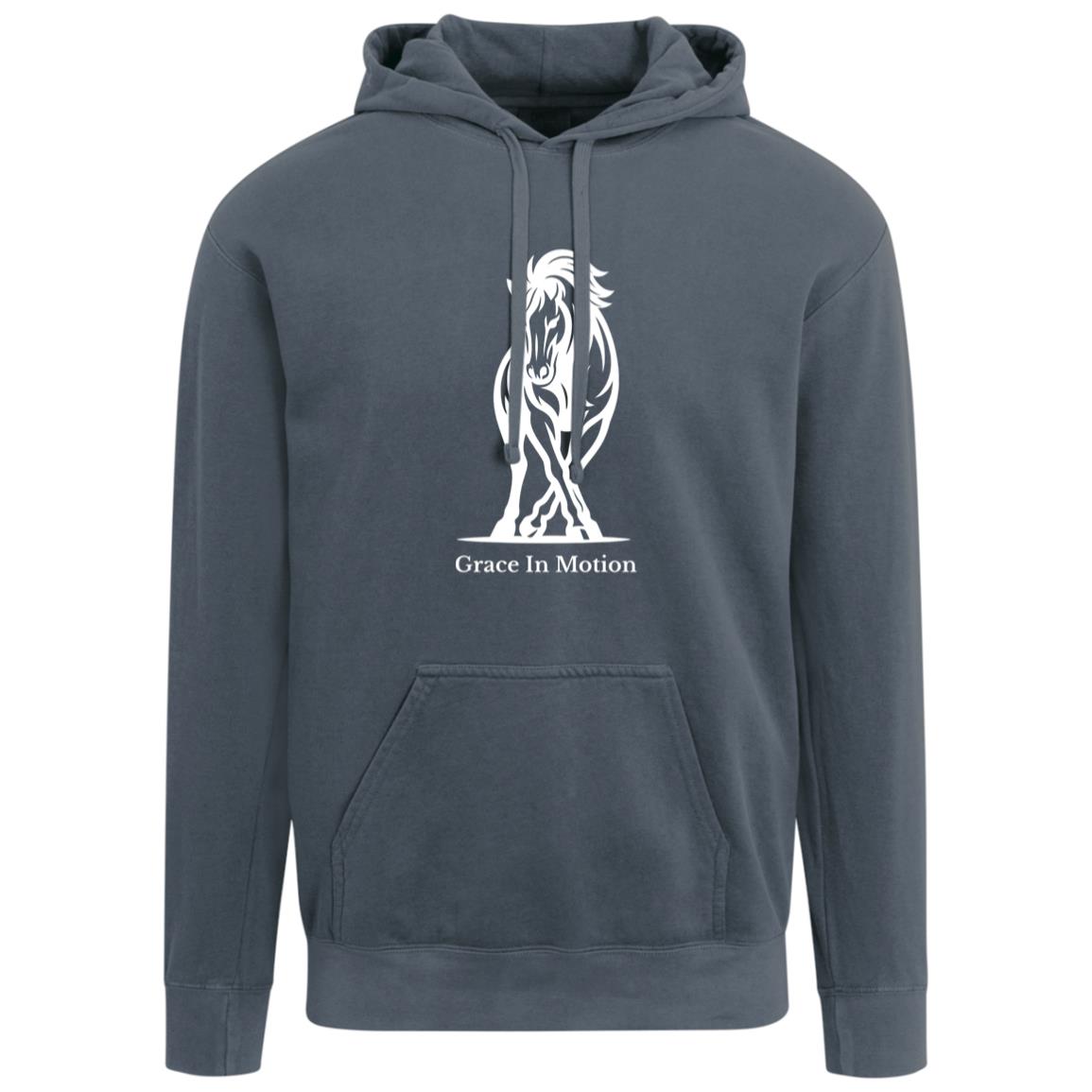 Unisex apparel with line art of a reining horse and rider and the words “Grace In Motion.”