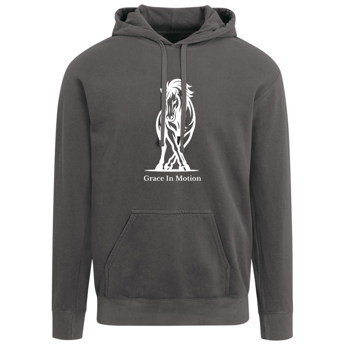 Unisex apparel with line art of a reining horse and rider and the words “Grace In Motion.”