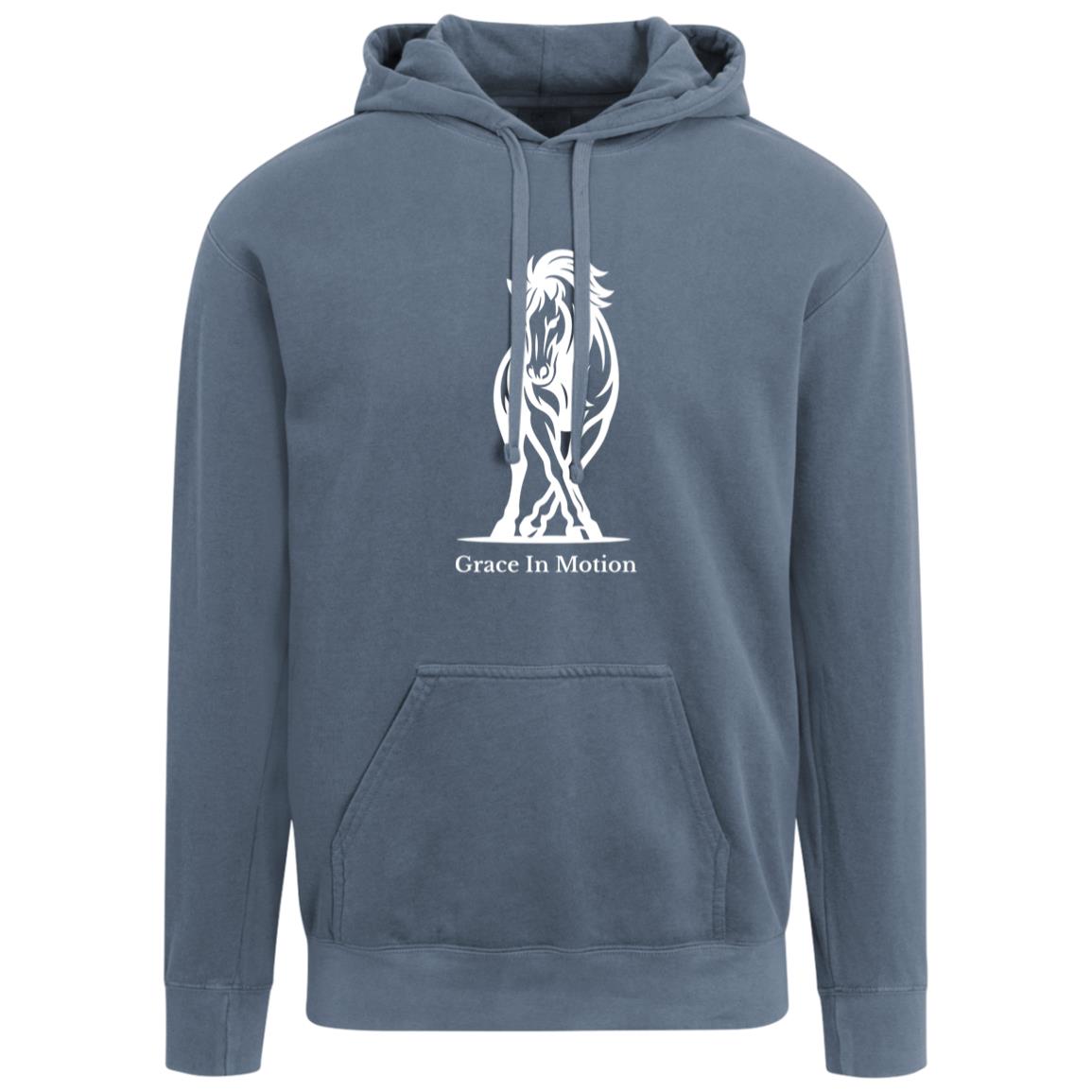 Unisex apparel with line art of a reining horse and rider and the words “Grace In Motion.”