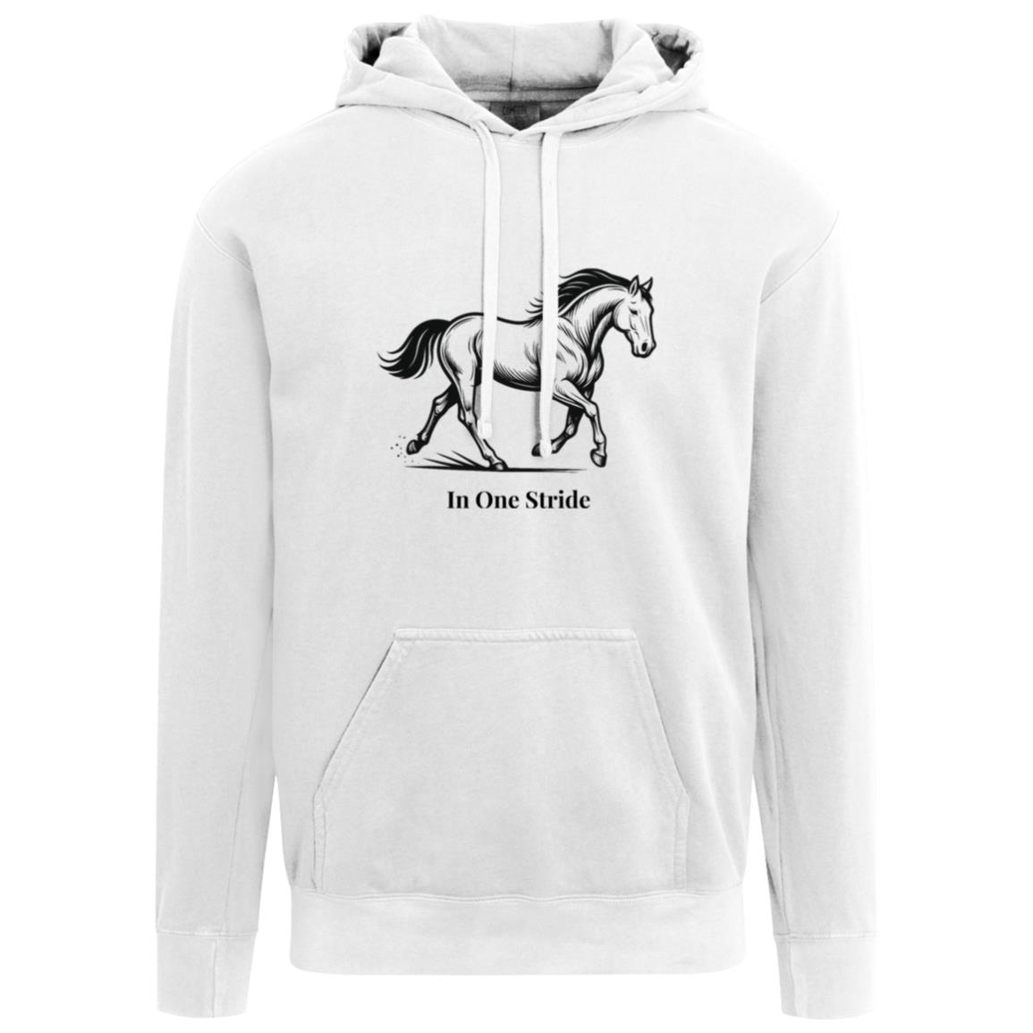 Black and white line art of a horse in motion, capturing strength, balance, and fluid movement with the text “In One Stride” beneath the image.