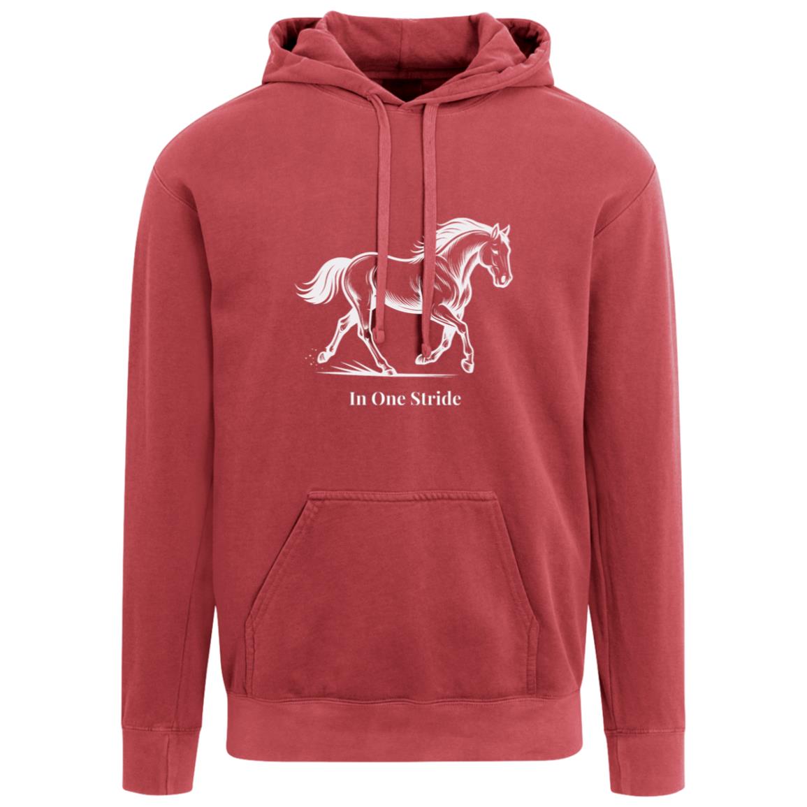 Black and white line art of a horse in motion, capturing strength, balance, and fluid movement with the text “In One Stride” beneath the image.