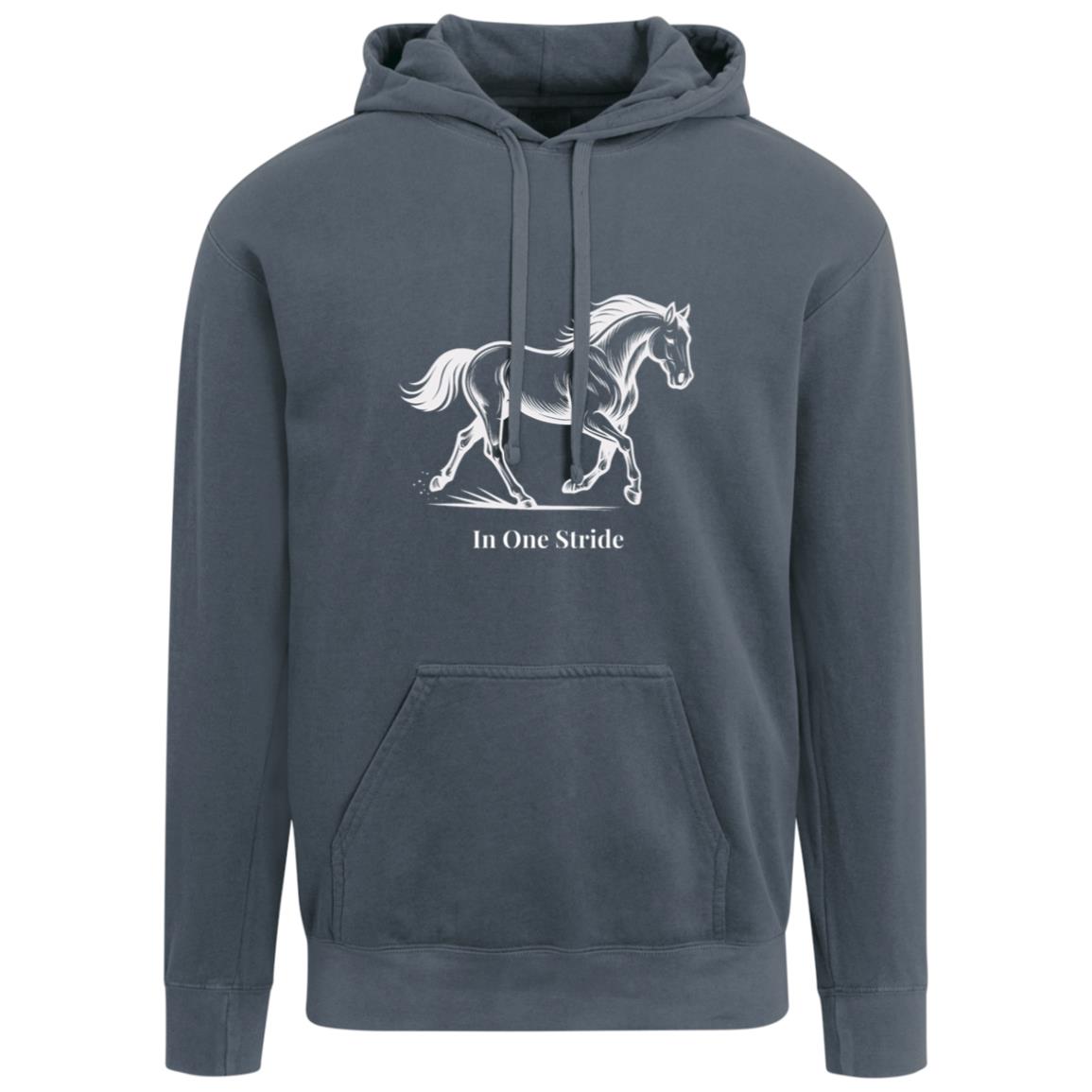 Black and white line art of a horse in motion, capturing strength, balance, and fluid movement with the text “In One Stride” beneath the image.