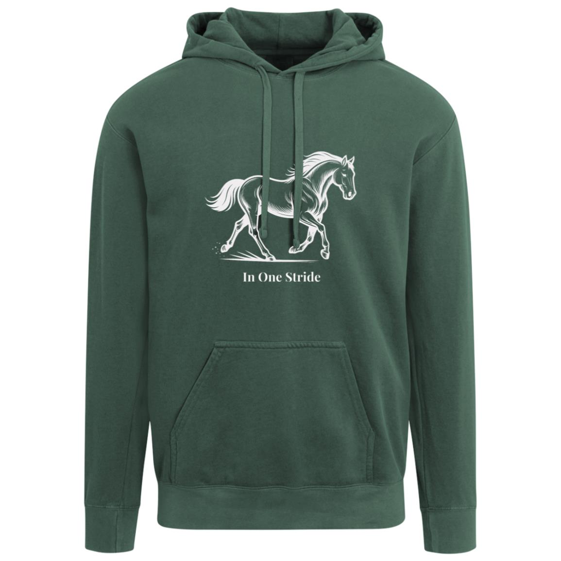 Black and white line art of a horse in motion, capturing strength, balance, and fluid movement with the text “In One Stride” beneath the image.