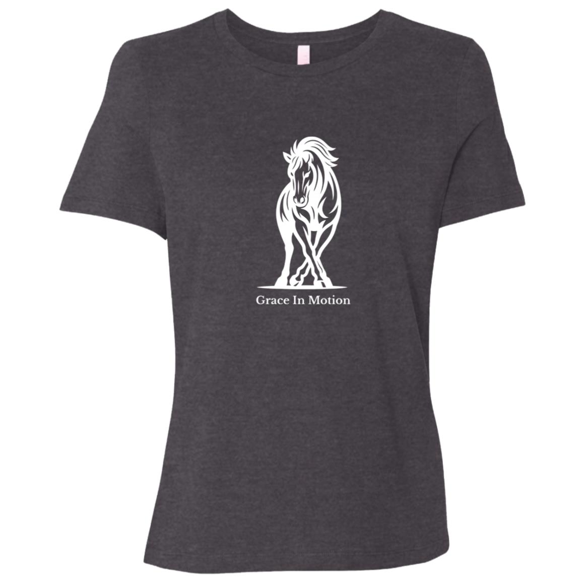 Ladies apparel with line art of a reining horse and rider and the words “Grace In Motion.”