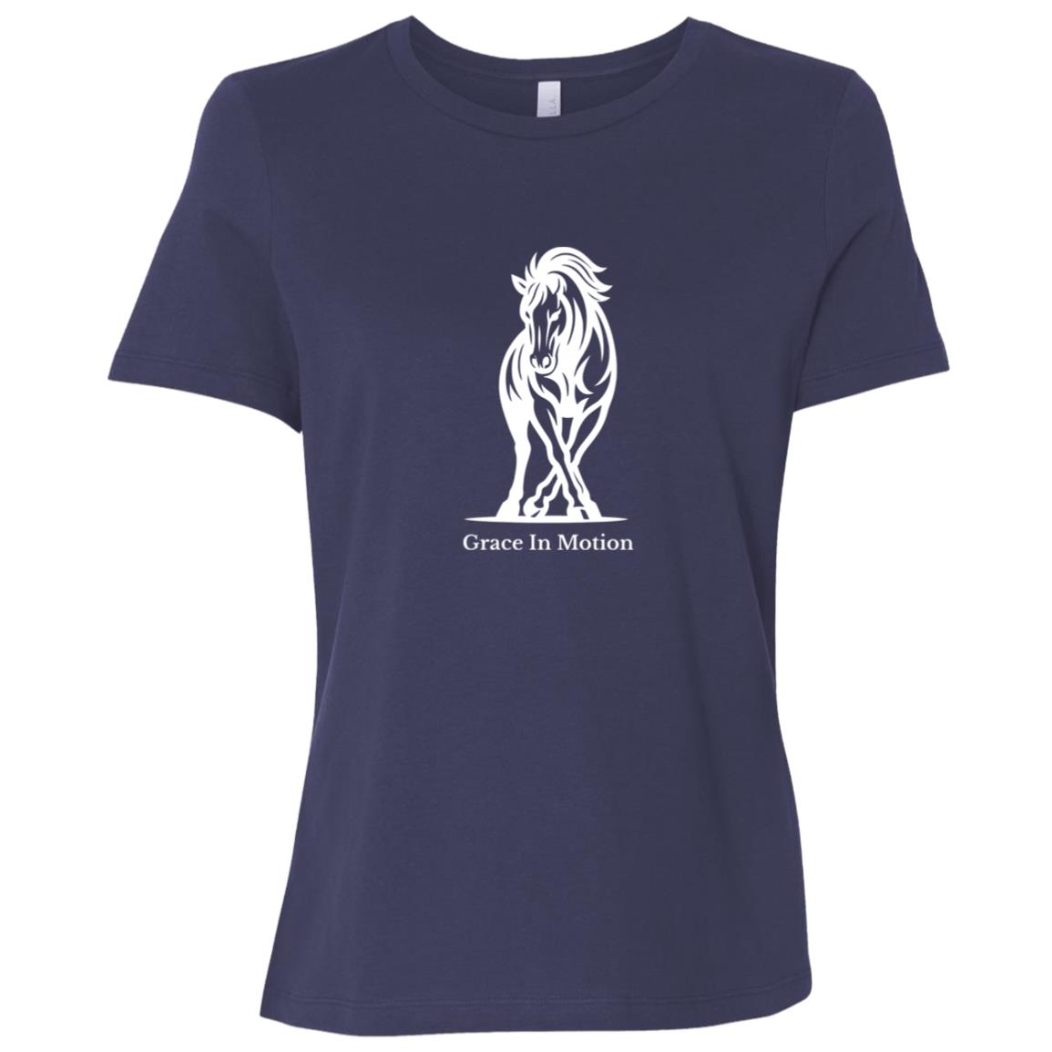 Ladies apparel with line art of a reining horse and rider and the words “Grace In Motion.”