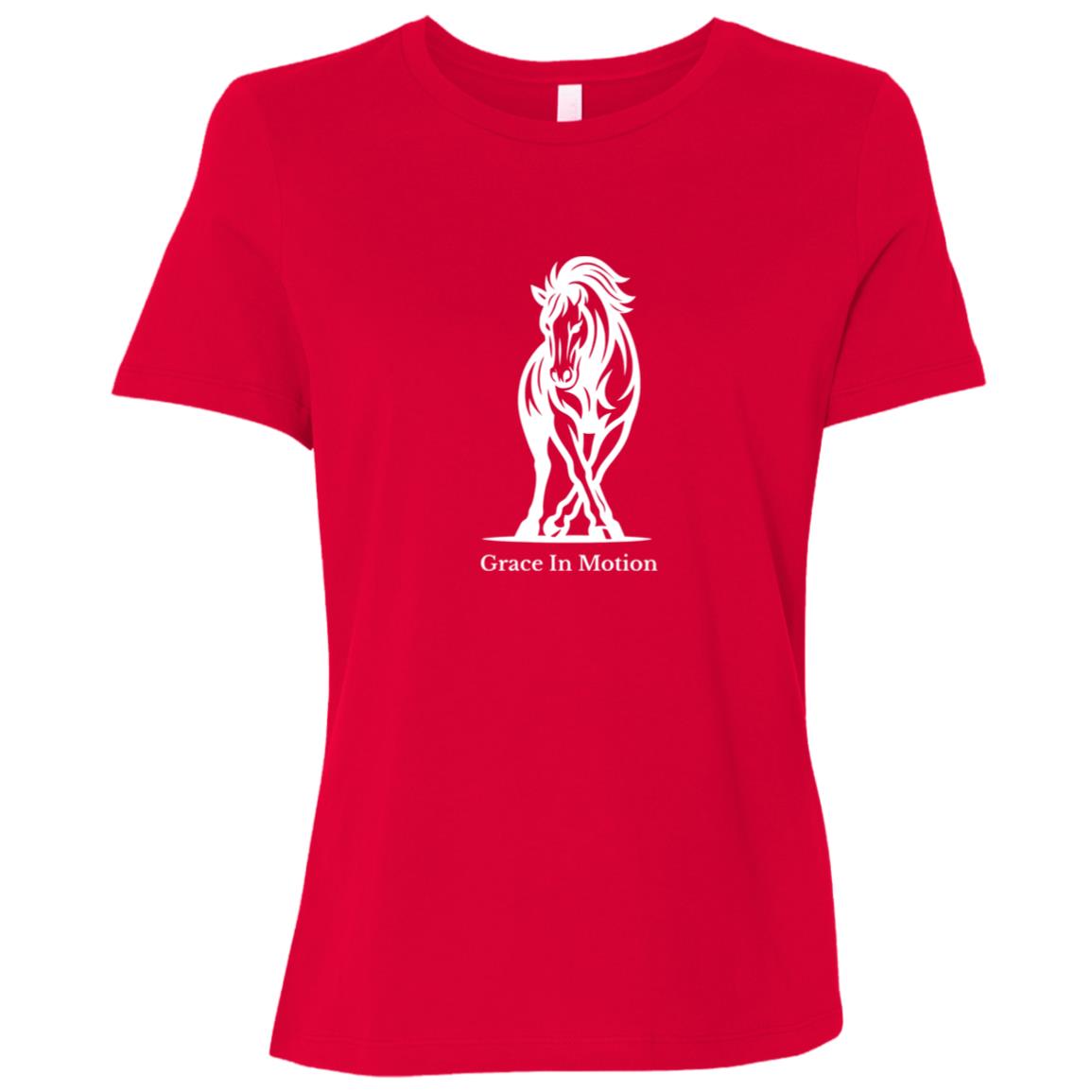 Ladies apparel with line art of a reining horse and rider and the words “Grace In Motion.”