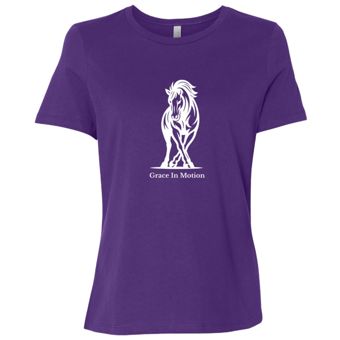 Ladies apparel with line art of a reining horse and rider and the words “Grace In Motion.”