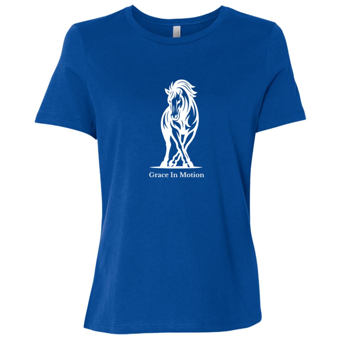 Ladies apparel with line art of a reining horse and rider and the words “Grace In Motion.”