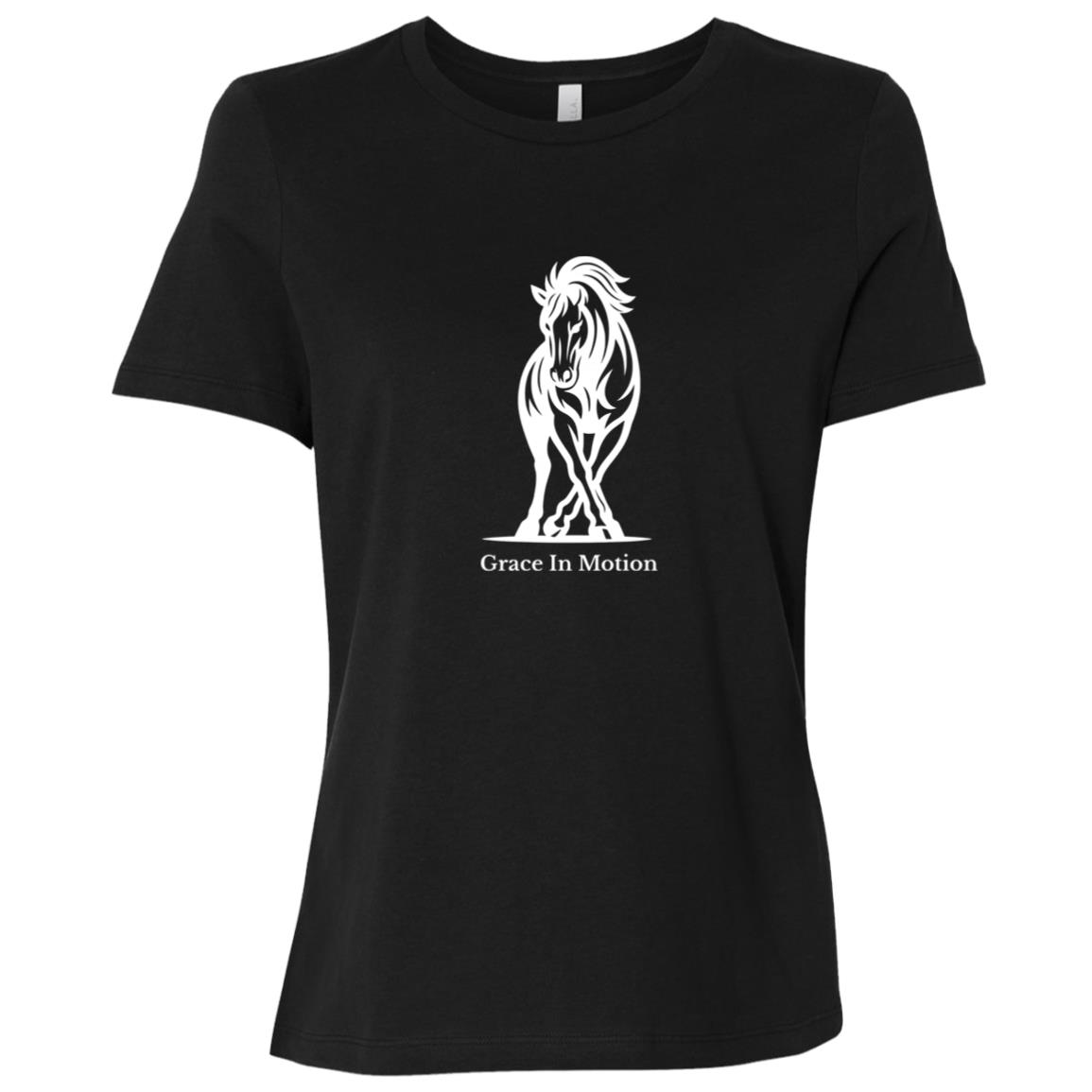 Ladies apparel with line art of a reining horse and rider and the words “Grace In Motion.”