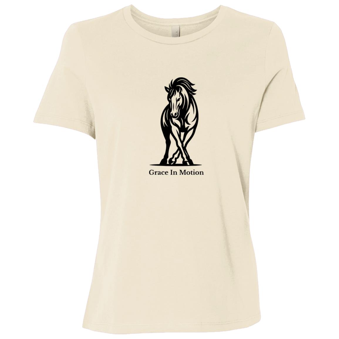 Ladies apparel with line art of a reining horse and rider and the words “Grace In Motion.”