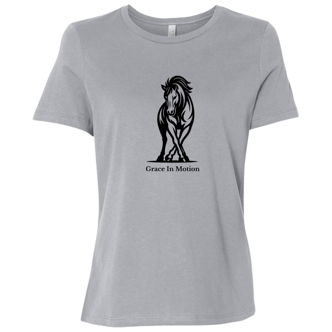 Ladies apparel with line art of a reining horse and rider and the words “Grace In Motion.”