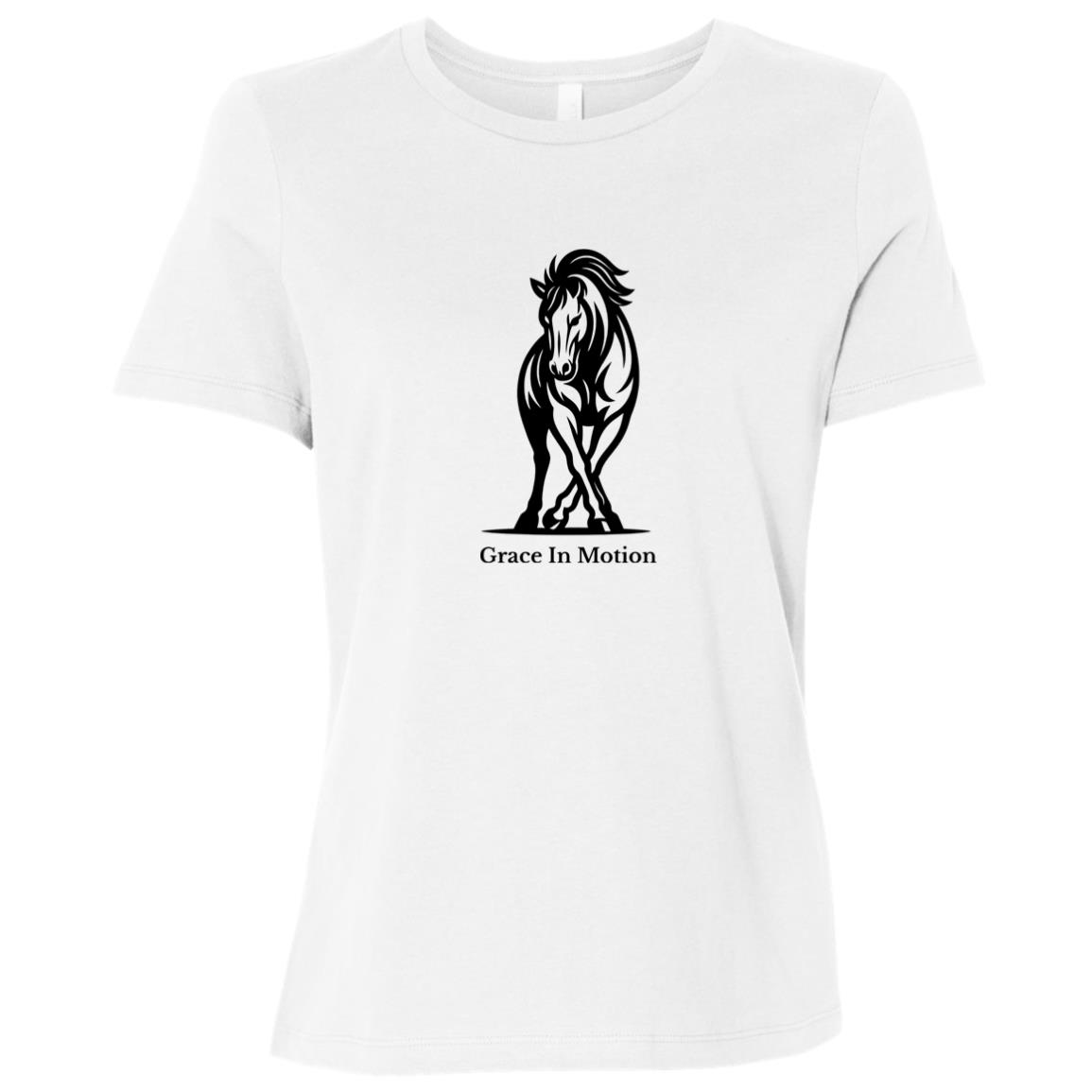 Ladies apparel with line art of a reining horse and rider and the words “Grace In Motion.”