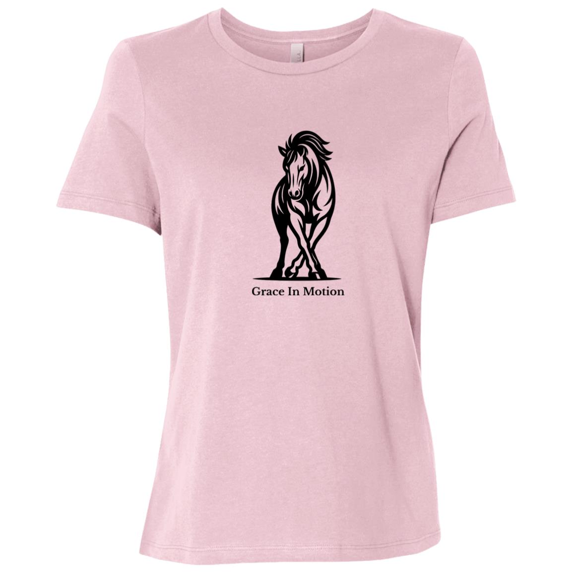 Ladies apparel with line art of a reining horse and rider and the words “Grace In Motion.”