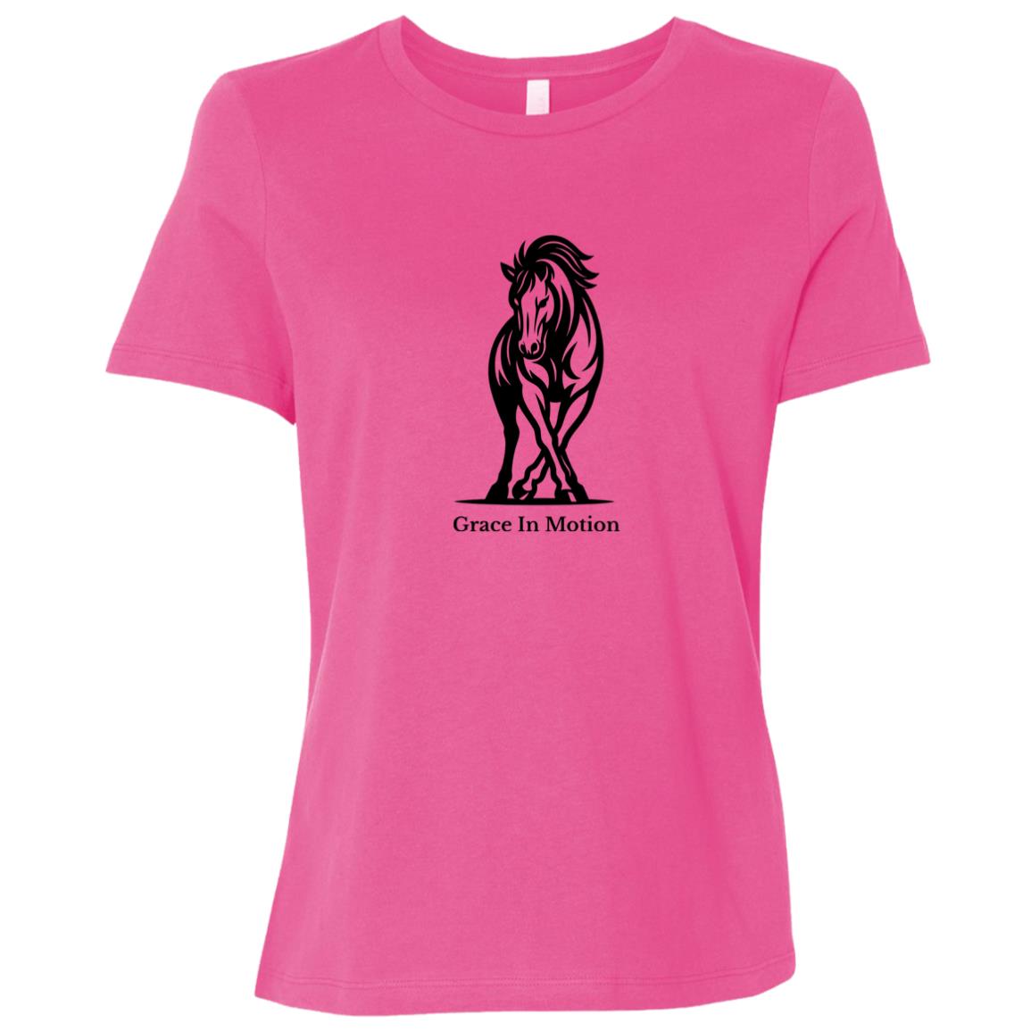 Ladies apparel with line art of a reining horse and rider and the words “Grace In Motion.”