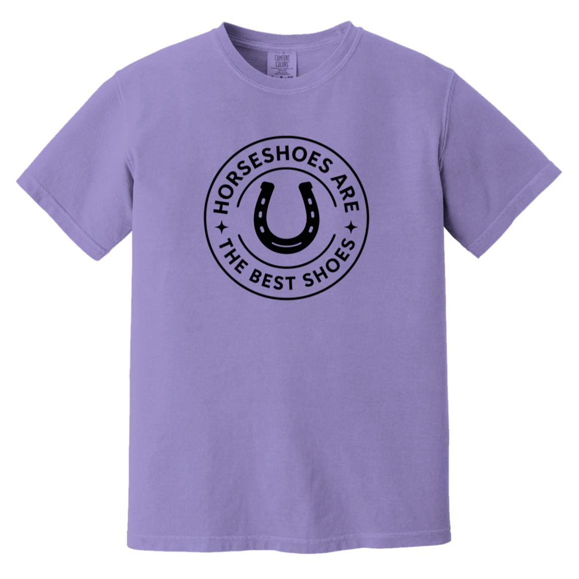 Horseshoe circle graphic reading “Horseshoes Are The Best Shoes” on short sleeve tee