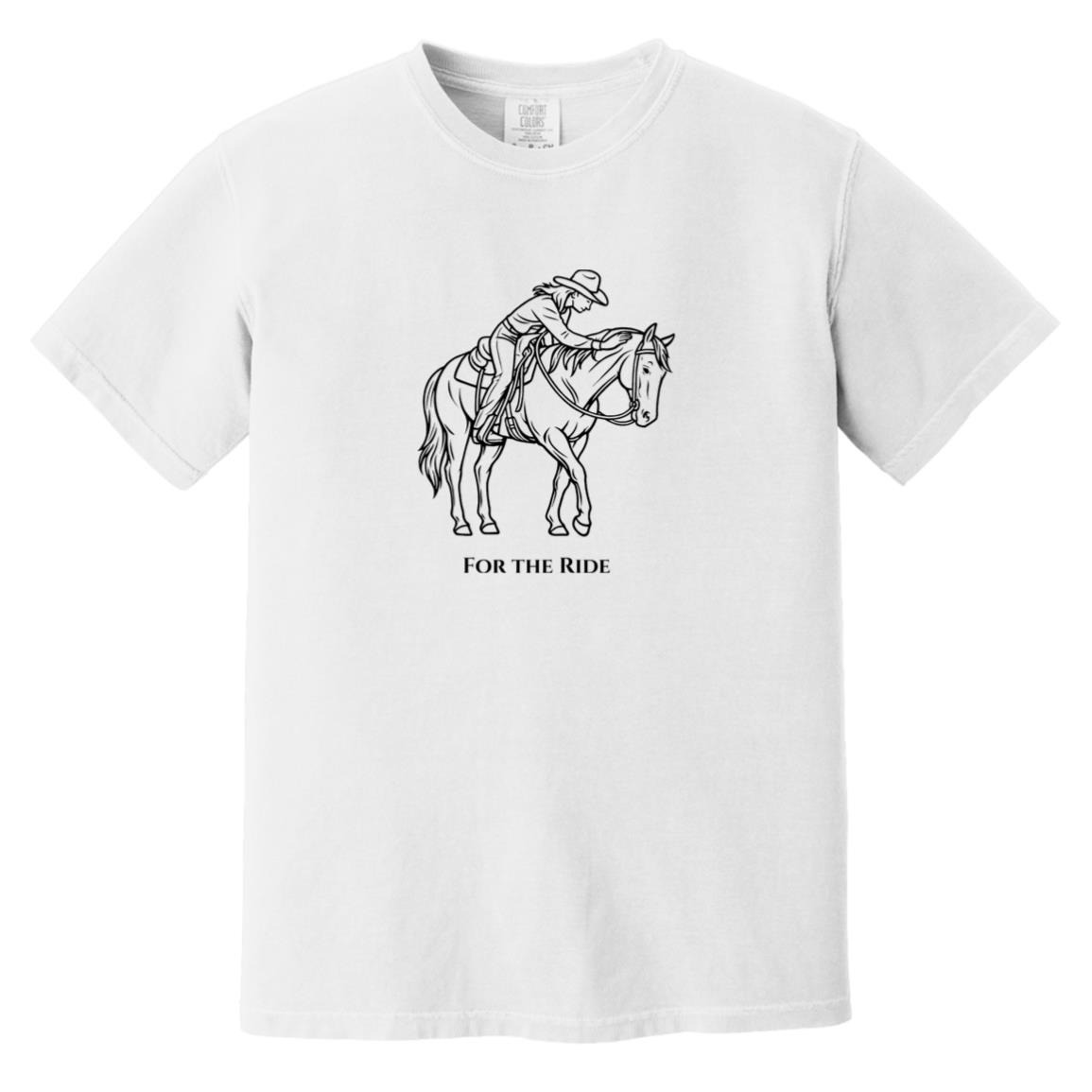 Reining rider and horse graphic with text “For the Ride” on white tee.