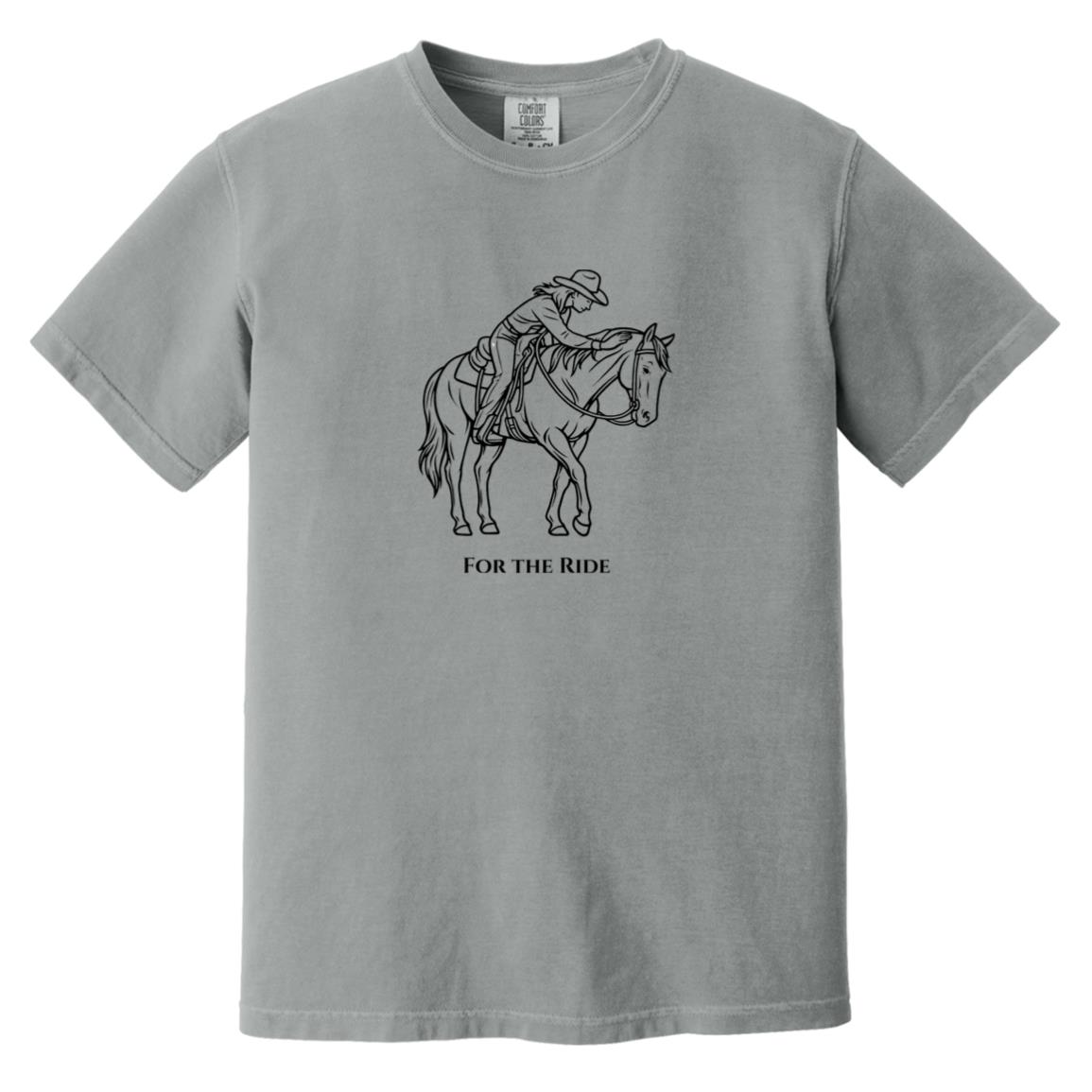 Reining rider and horse graphic with text “For the Ride” on white tee.