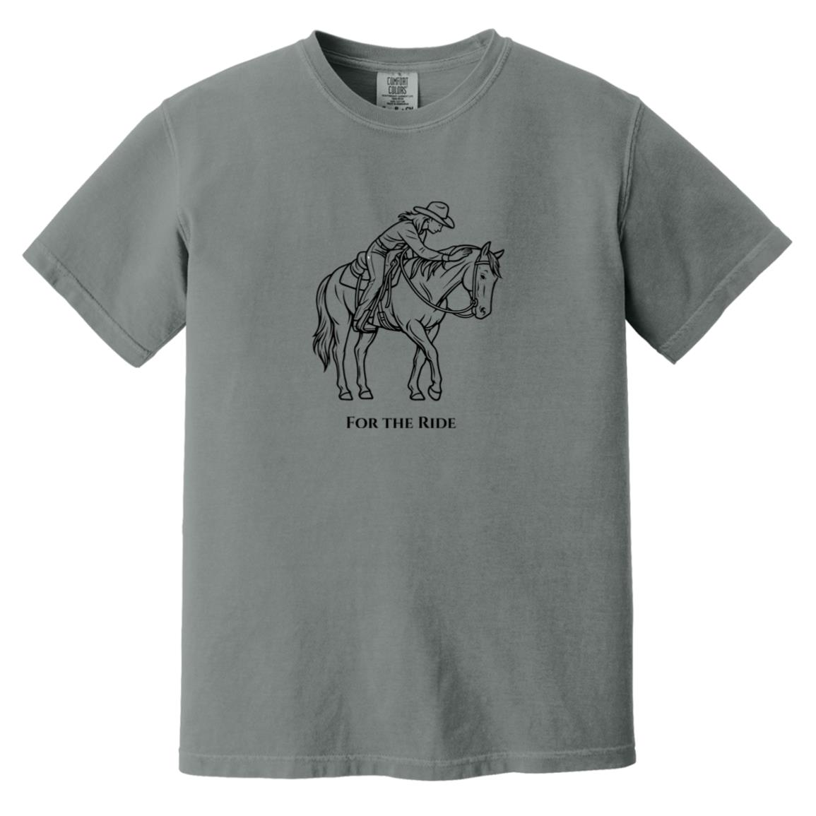 Reining rider and horse graphic with text “For the Ride” on white tee.