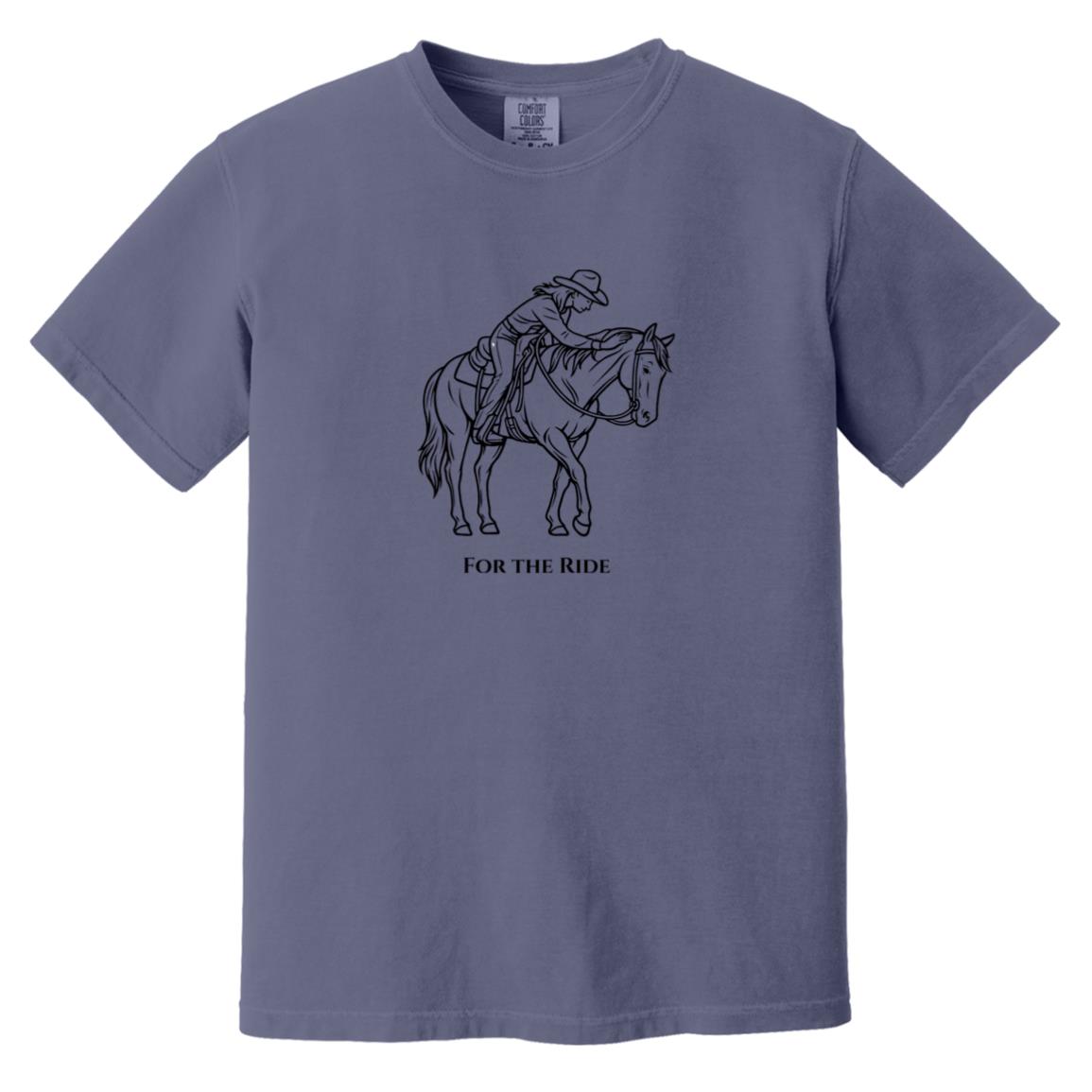 Reining rider and horse graphic with text “For the Ride” on white tee.